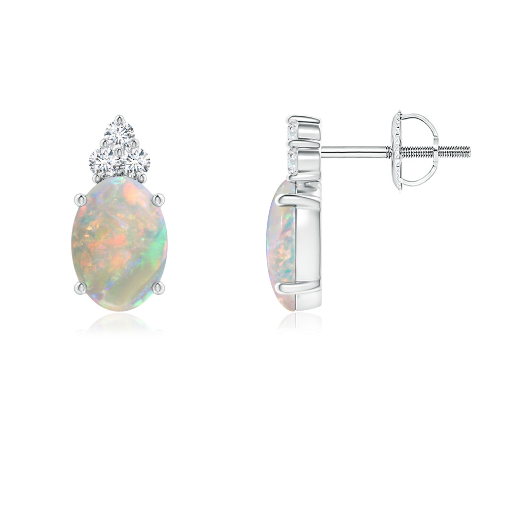 7x5mm AAAA Classic Oval Opal Solitaire Stud Earrings with Trio Diamonds in 9K White Gold 