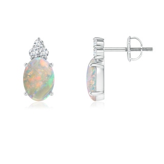 7x5mm AAAA Classic Oval Opal Solitaire Stud Earrings with Trio Diamonds in 9K White Gold