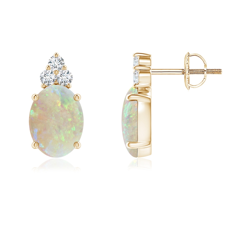 8x6mm AAA Classic Oval Opal Solitaire Stud Earrings with Trio Diamonds in Yellow Gold 