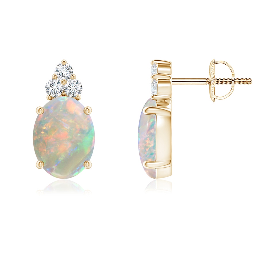 8x6mm AAAA Classic Oval Opal Solitaire Stud Earrings with Trio Diamonds in Yellow Gold 