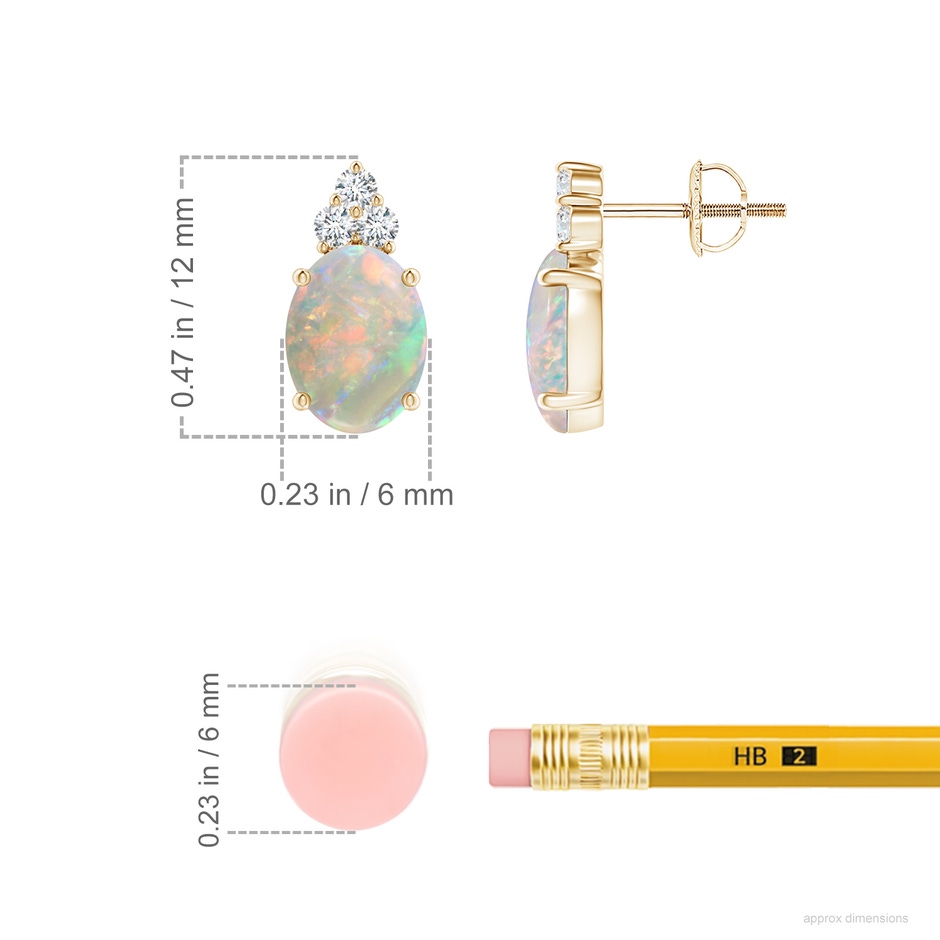 8x6mm AAAA Classic Oval Opal Solitaire Stud Earrings with Trio Diamonds in Yellow Gold ruler