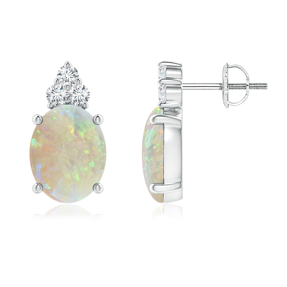 9x7mm AAA Classic Oval Opal Solitaire Stud Earrings with Trio Diamonds in 18K White Gold 