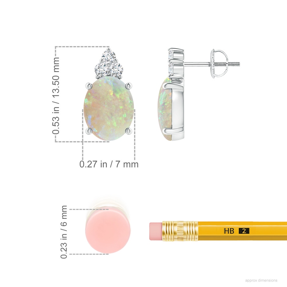 9x7mm AAA Classic Oval Opal Solitaire Stud Earrings with Trio Diamonds in 18K White Gold ruler
