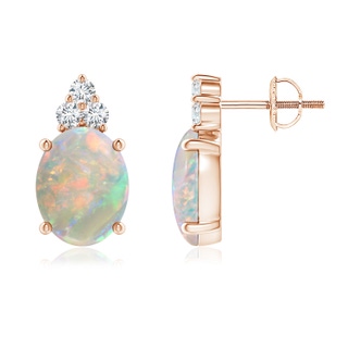 9x7mm AAAA Classic Oval Opal Solitaire Stud Earrings with Trio Diamonds in Rose Gold