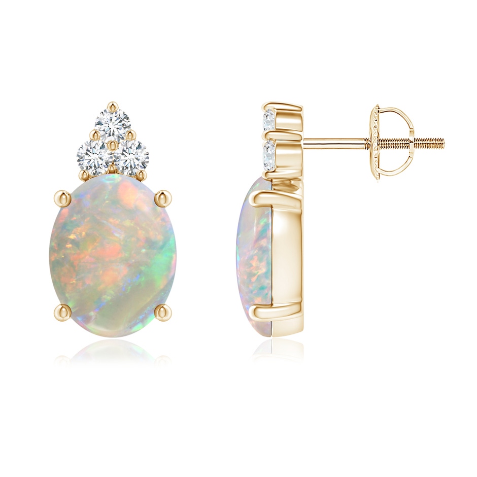 9x7mm AAAA Classic Oval Opal Solitaire Stud Earrings with Trio Diamonds in Yellow Gold 