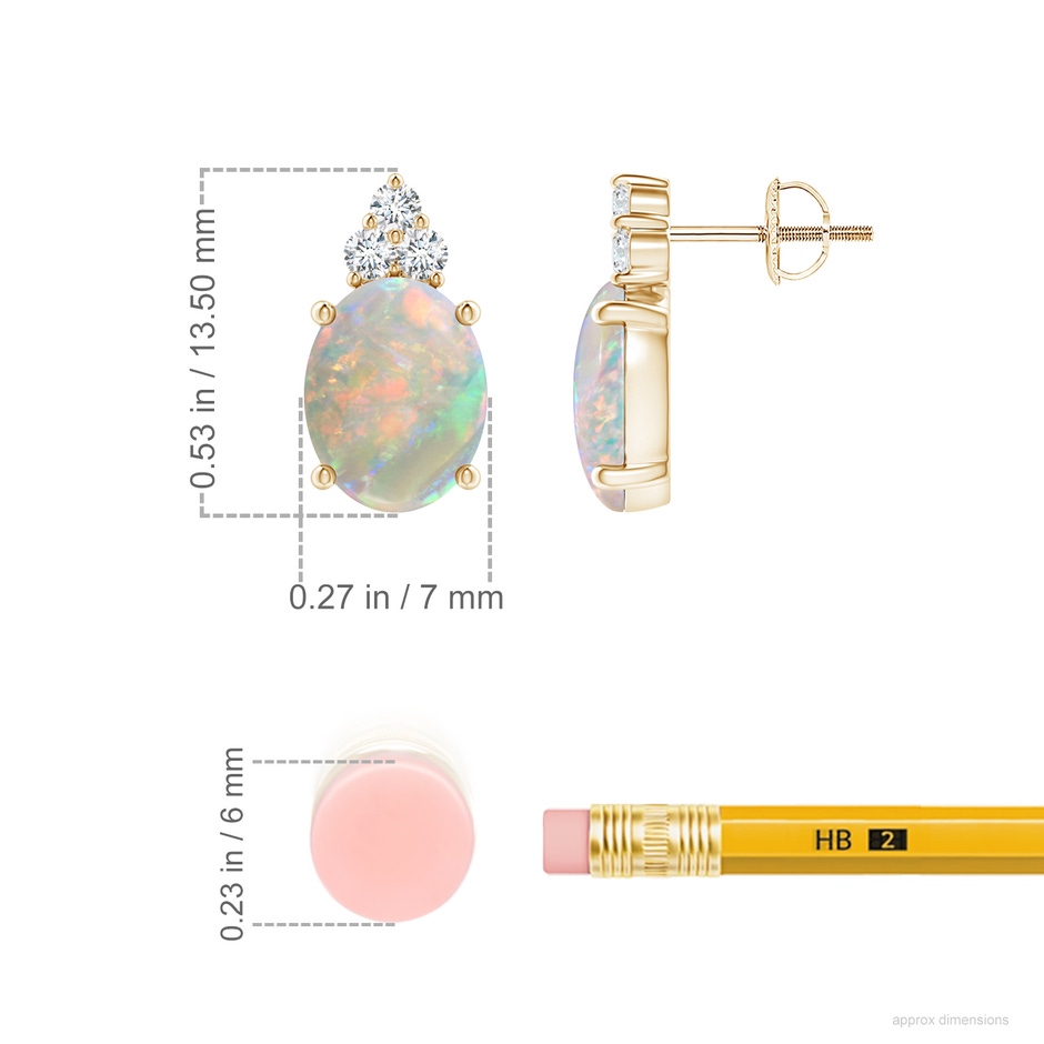 9x7mm AAAA Classic Oval Opal Solitaire Stud Earrings with Trio Diamonds in Yellow Gold ruler