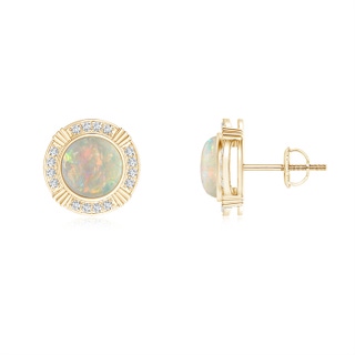 6mm AAAA Art Deco-Inspired Bezel Opal Stud Earrings with Diamonds in Yellow Gold