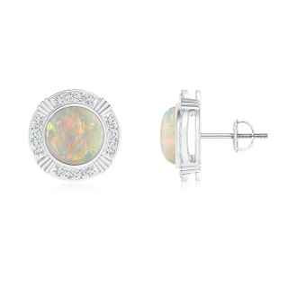 7mm AAAA Art Deco-Inspired Bezel Opal Stud Earrings with Diamonds in White Gold
