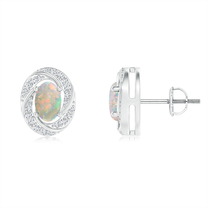 6x4mm AAAA Classic Opal Pinwheel Stud Earrings with Diamonds in White Gold