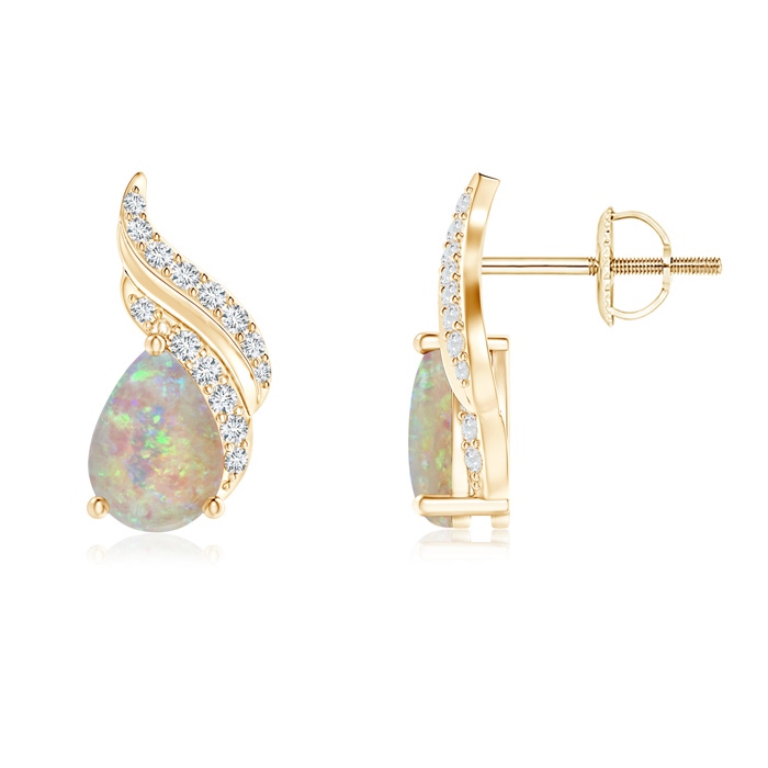 7x5mm AAAA Pear-Shaped Opal and Diamond Flame Earrings in Yellow Gold