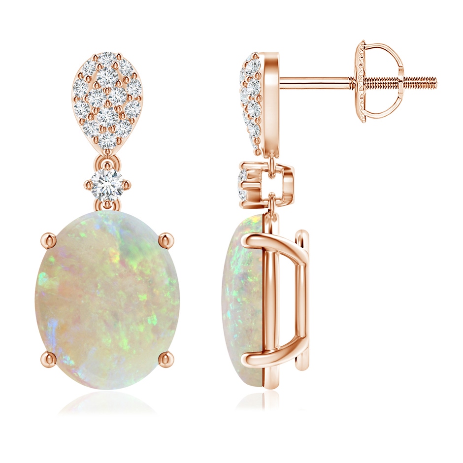 10x8mm AAA Oval Opal Dangle Earrings with Diamond in Rose Gold 