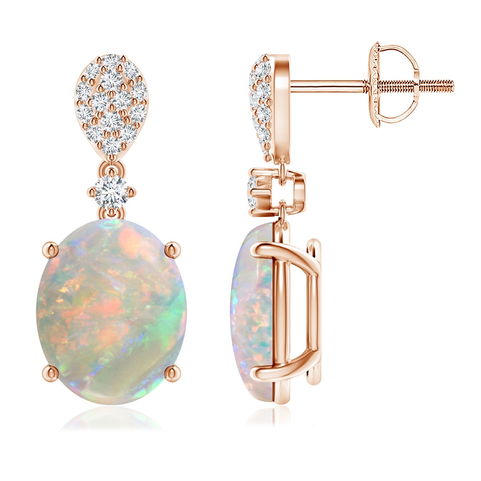 10x8mm AAAA Oval Opal Dangle Earrings with Diamond in 18K Rose Gold 