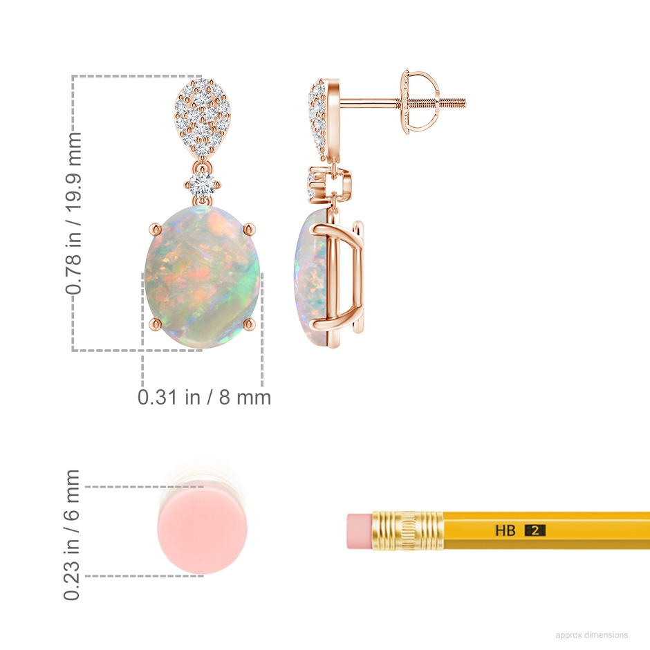 10x8mm AAAA Oval Opal Dangle Earrings with Diamond in 18K Rose Gold ruler