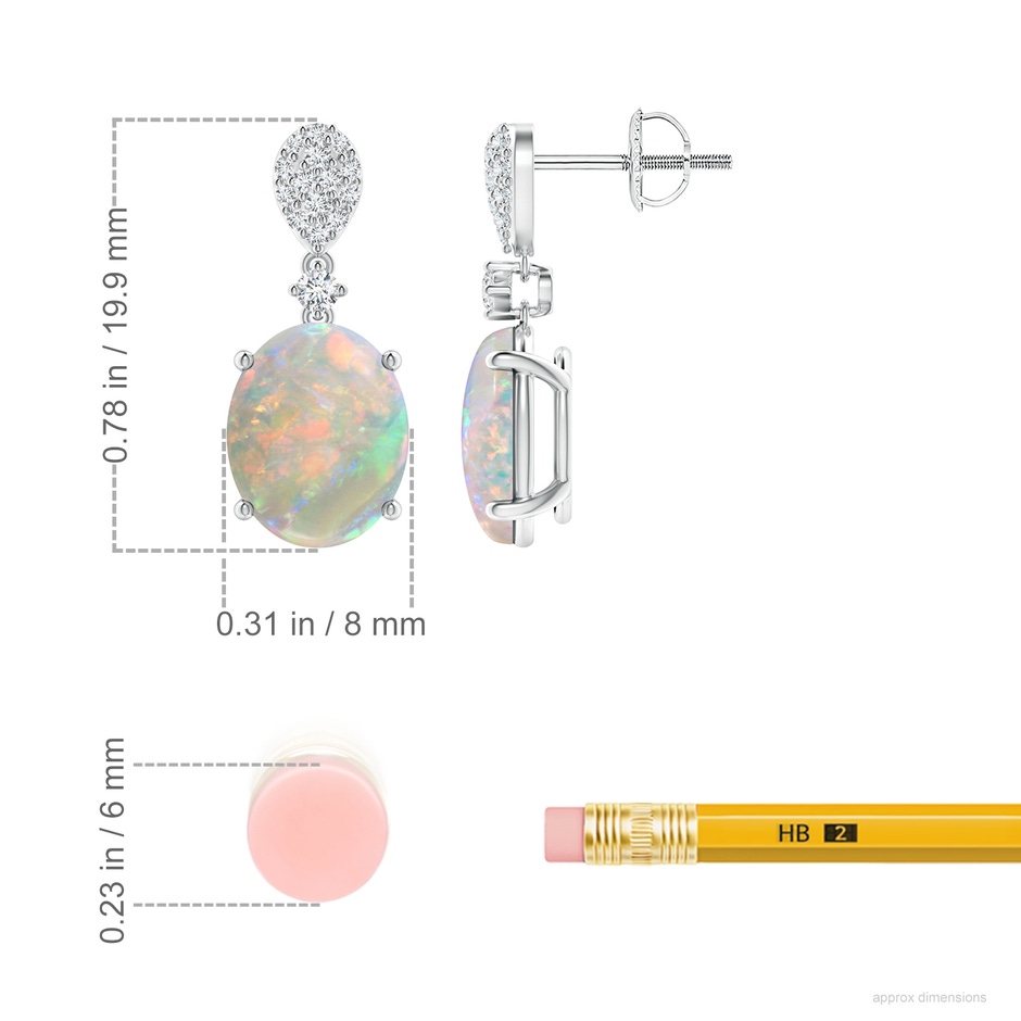 10x8mm AAAA Oval Opal Dangle Earrings with Diamond in White Gold ruler