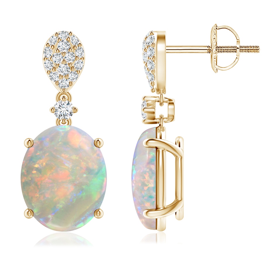 10x8mm AAAA Oval Opal Dangle Earrings with Diamond in Yellow Gold 