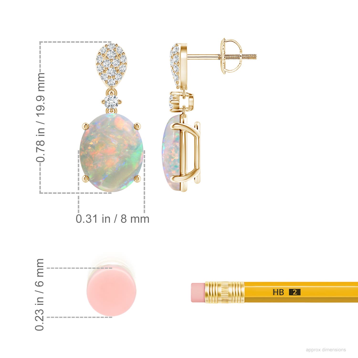 10x8mm AAAA Oval Opal Dangle Earrings with Diamond in Yellow Gold - ruler