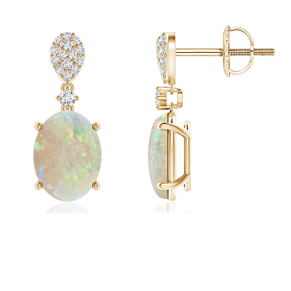8x6mm AAA Oval Opal Dangle Earrings with Diamond in 18K Yellow Gold 