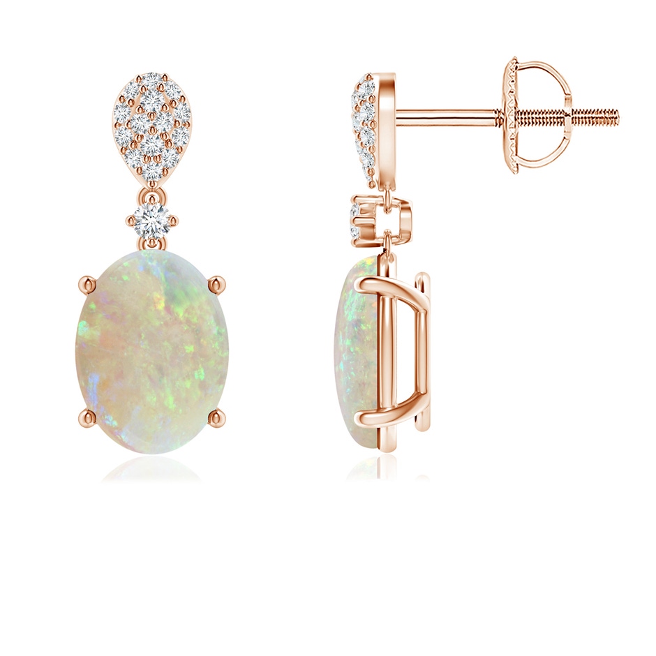 8x6mm AAA Oval Opal Dangle Earrings with Diamond in Rose Gold 