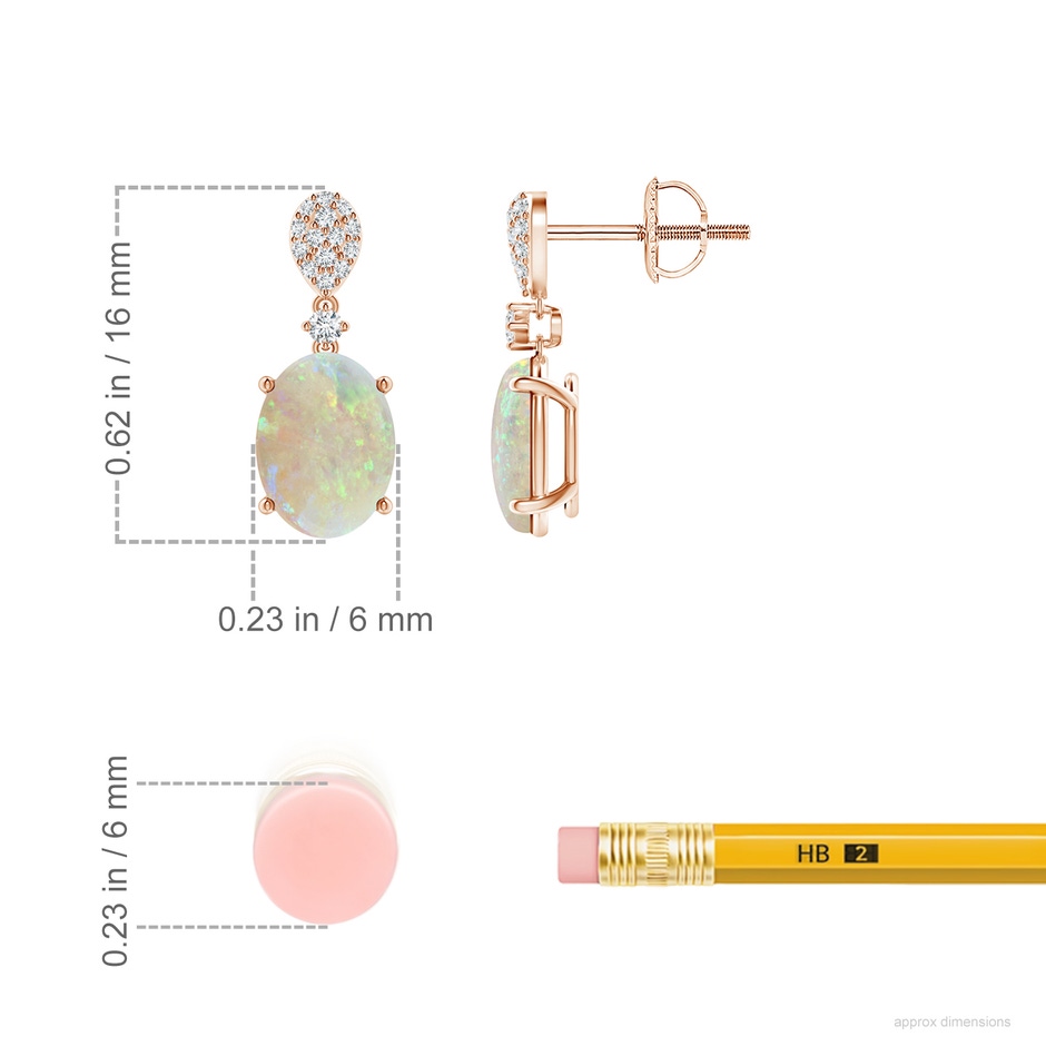 8x6mm AAA Oval Opal Dangle Earrings with Diamond in Rose Gold ruler