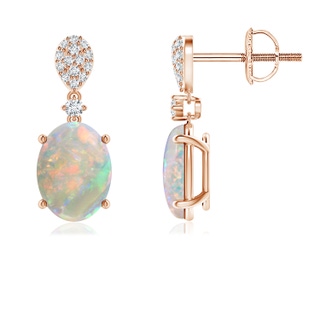 8x6mm AAAA Oval Opal Dangle Earrings with Diamond in 10K Rose Gold