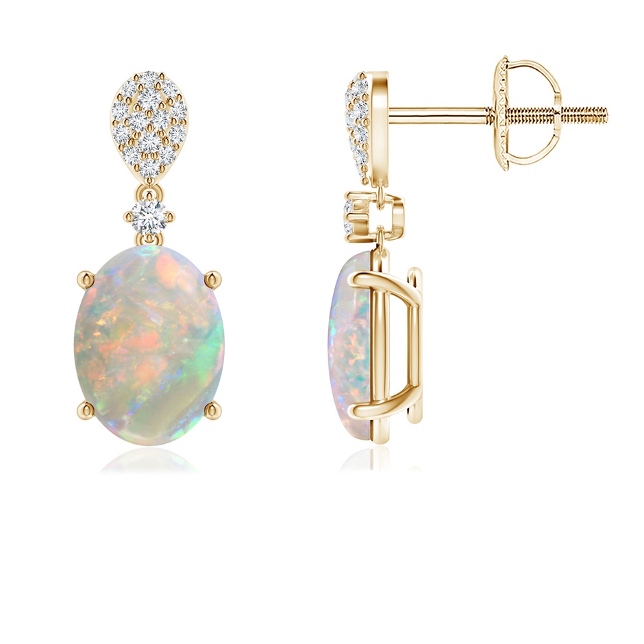 8x6mm AAAA Oval Opal Dangle Earrings with Diamond in 18K Yellow Gold 