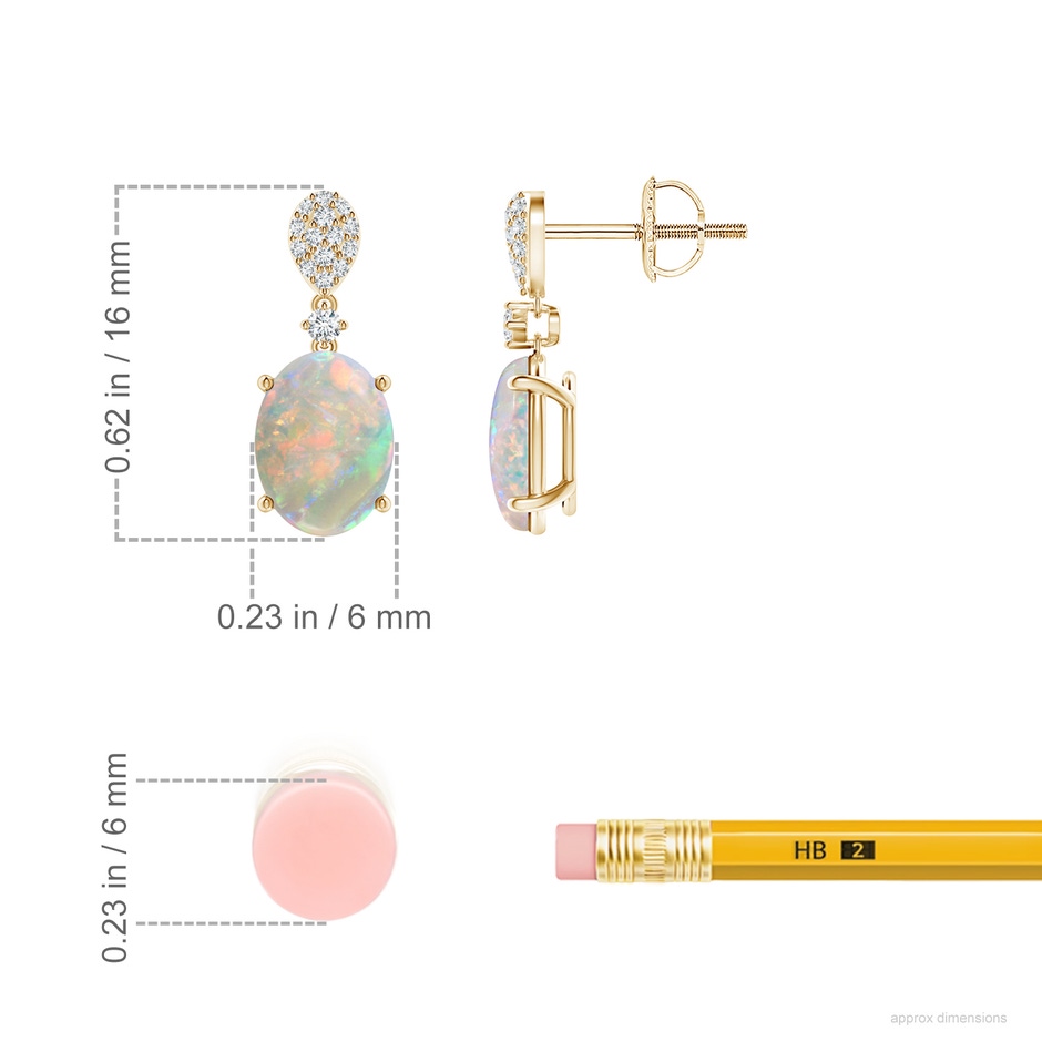 8x6mm AAAA Oval Opal Dangle Earrings with Diamond in Yellow Gold ruler