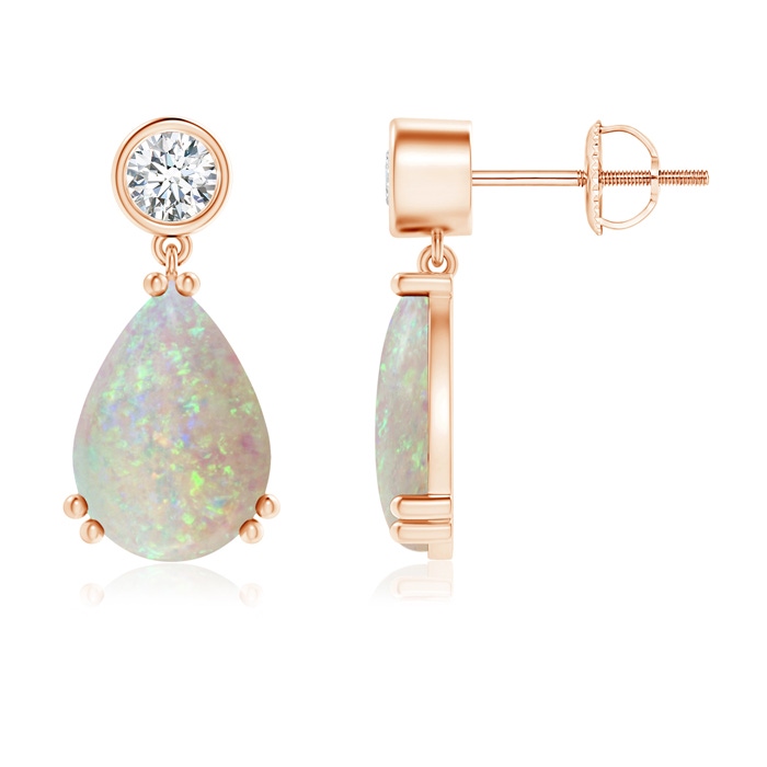 10x7mm AAA Pear Opal Drop Earrings with Bezel Diamond in Rose Gold 