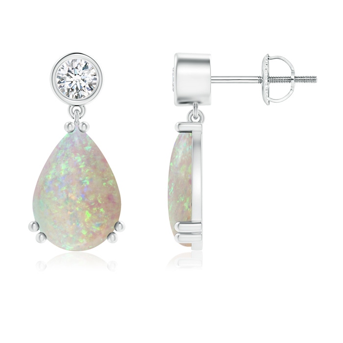 10x7mm AAA Pear Opal Drop Earrings with Bezel Diamond in White Gold 