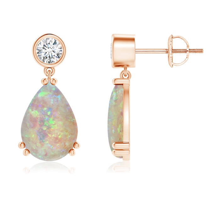 10x7mm AAAA Pear Opal Drop Earrings with Bezel Diamond in Rose Gold 