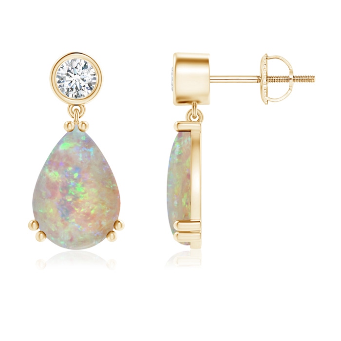 10x7mm AAAA Pear Opal Drop Earrings with Bezel Diamond in Yellow Gold