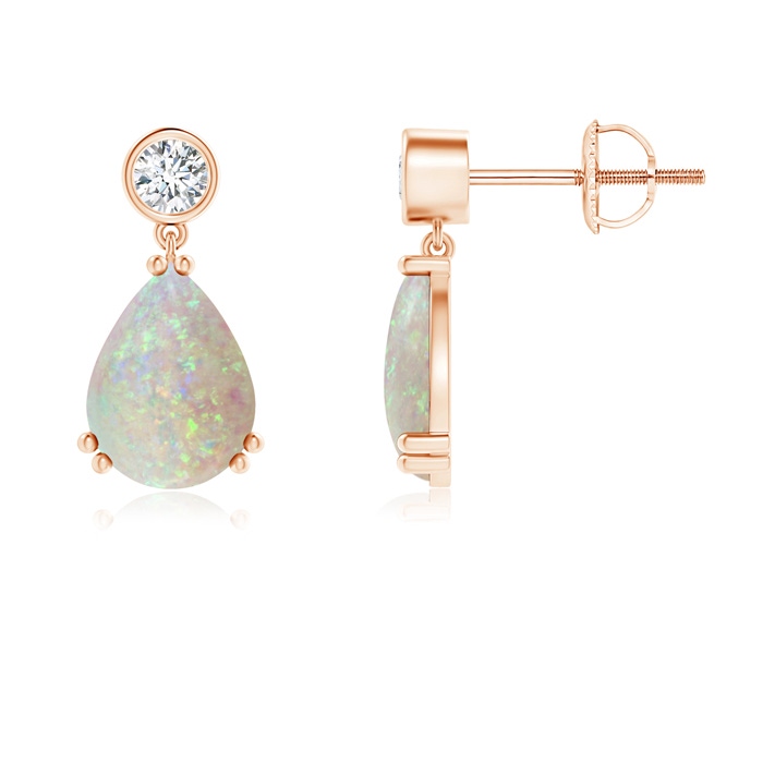 8x6mm AAA Pear Opal Drop Earrings with Bezel Diamond in Rose Gold 