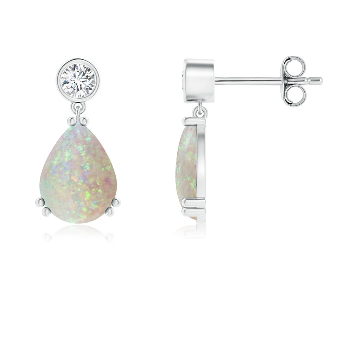 8x6mm AAA Pear Opal Drop Earrings with Bezel Diamond in S999 Silver 