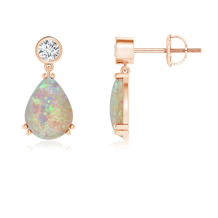 8x6mm AAAA Pear Opal Drop Earrings with Bezel Diamond in Rose Gold 