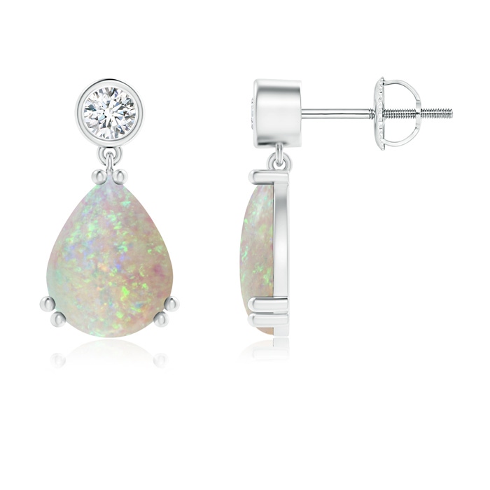 9x7mm AAA Pear Opal Drop Earrings with Bezel Diamond in White Gold 