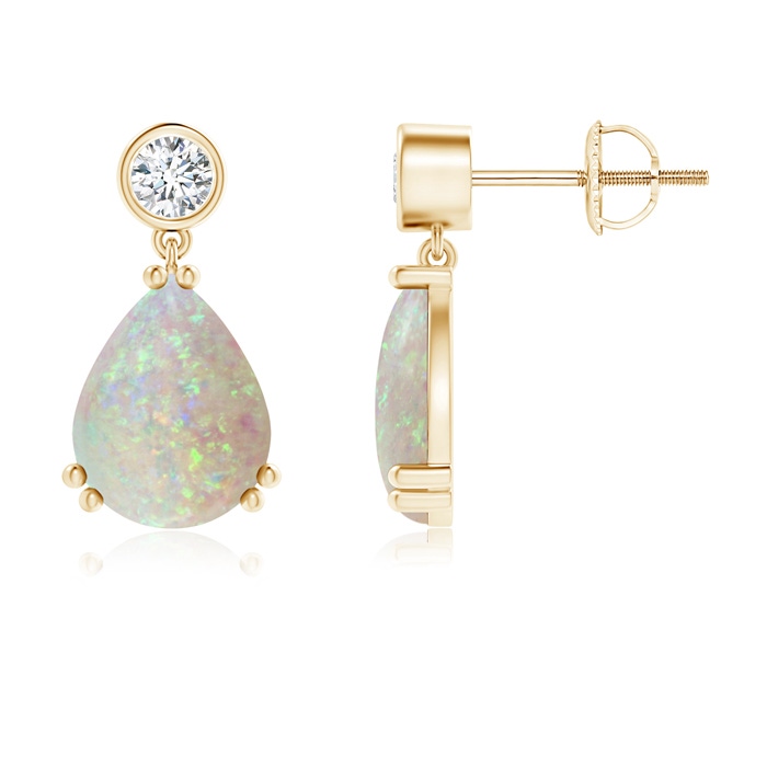 9x7mm AAA Pear Opal Drop Earrings with Bezel Diamond in Yellow Gold