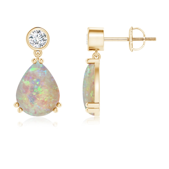 9x7mm AAAA Pear Opal Drop Earrings with Bezel Diamond in Yellow Gold 