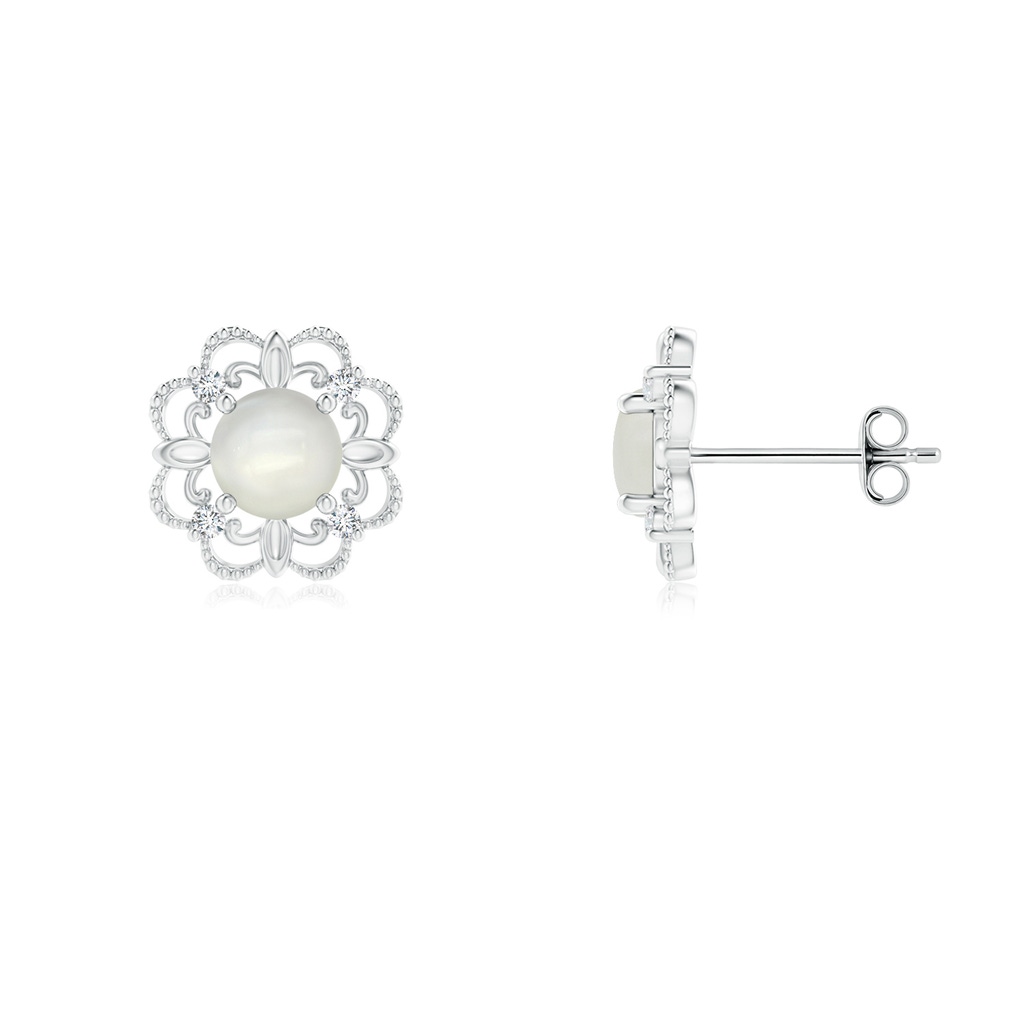4mm AAAA Vintage Style Moonstone and Diamond Fleur De Lis Earrings in S999 Silver