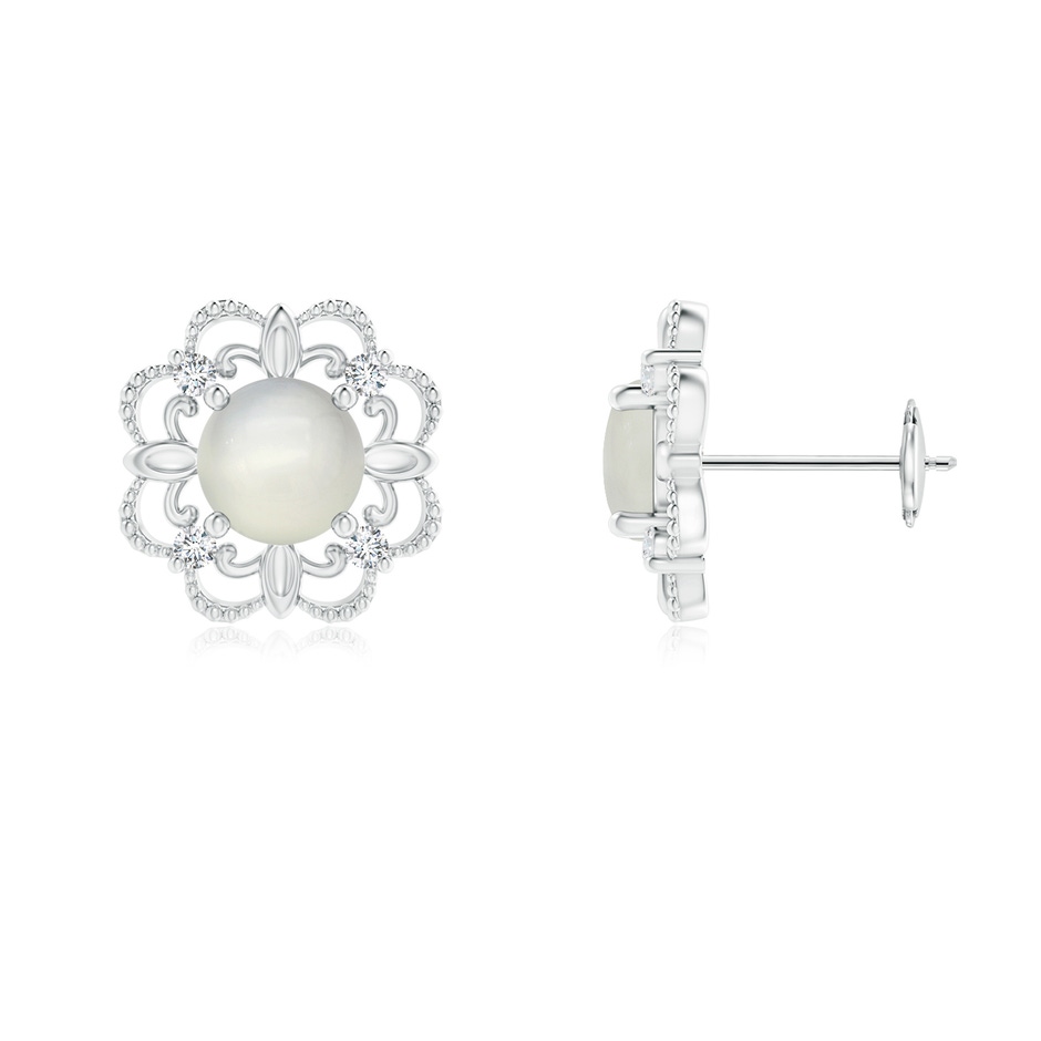 5mm AAA Vintage Style Moonstone and Diamond Fleur De Lis Earrings in White Gold 