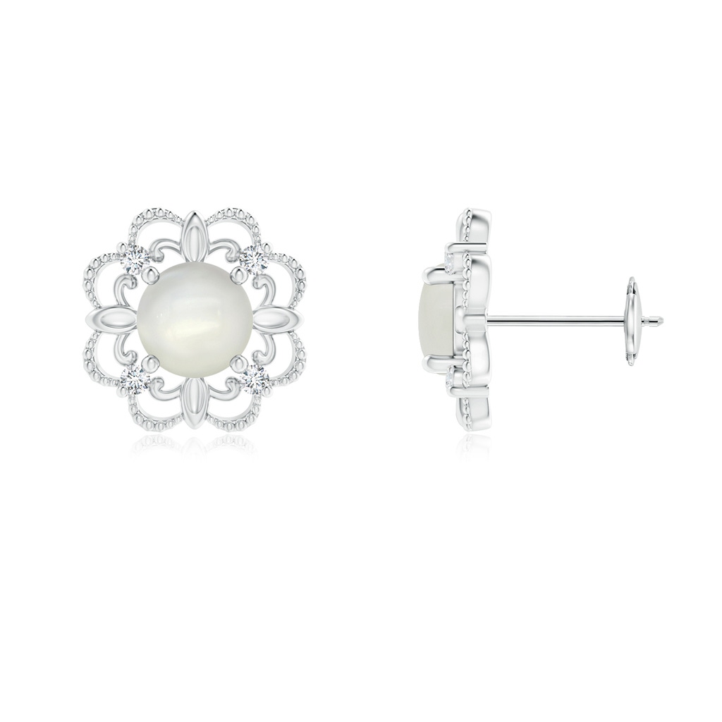 5mm AAAA Vintage Style Moonstone and Diamond Fleur De Lis Earrings in White Gold