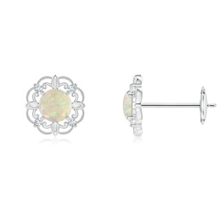 4mm AAA Vintage Style Opal and Diamond Fleur De Lis Earrings in White Gold