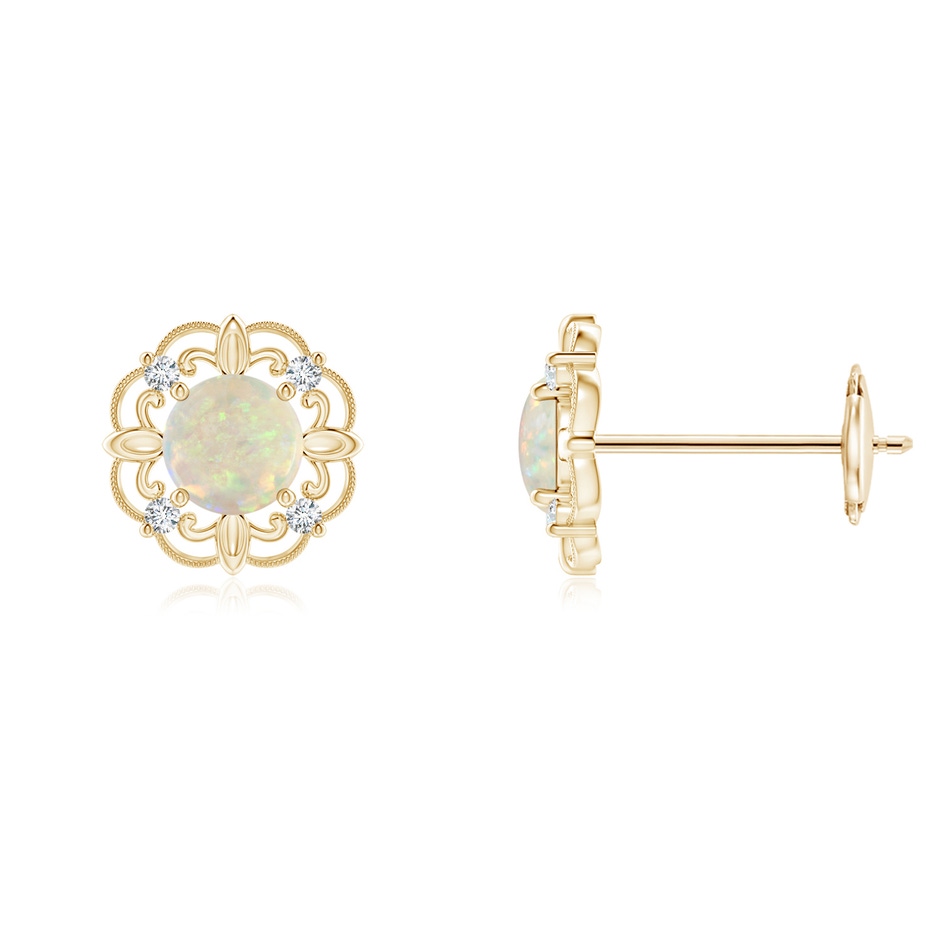 4mm AAA Vintage Style Opal and Diamond Fleur De Lis Earrings in Yellow Gold 