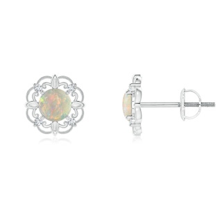 4mm AAAA Vintage Style Opal and Diamond Fleur De Lis Earrings in P950 Platinum