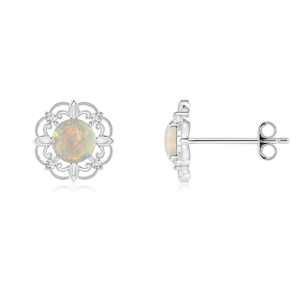4mm AAAA Vintage Style Opal and Diamond Fleur De Lis Earrings in S999 Silver