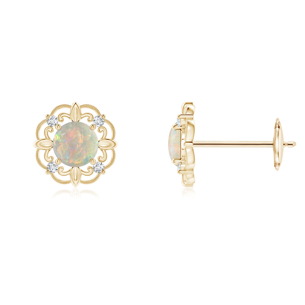 4mm AAAA Vintage Style Opal and Diamond Fleur De Lis Earrings in Yellow Gold