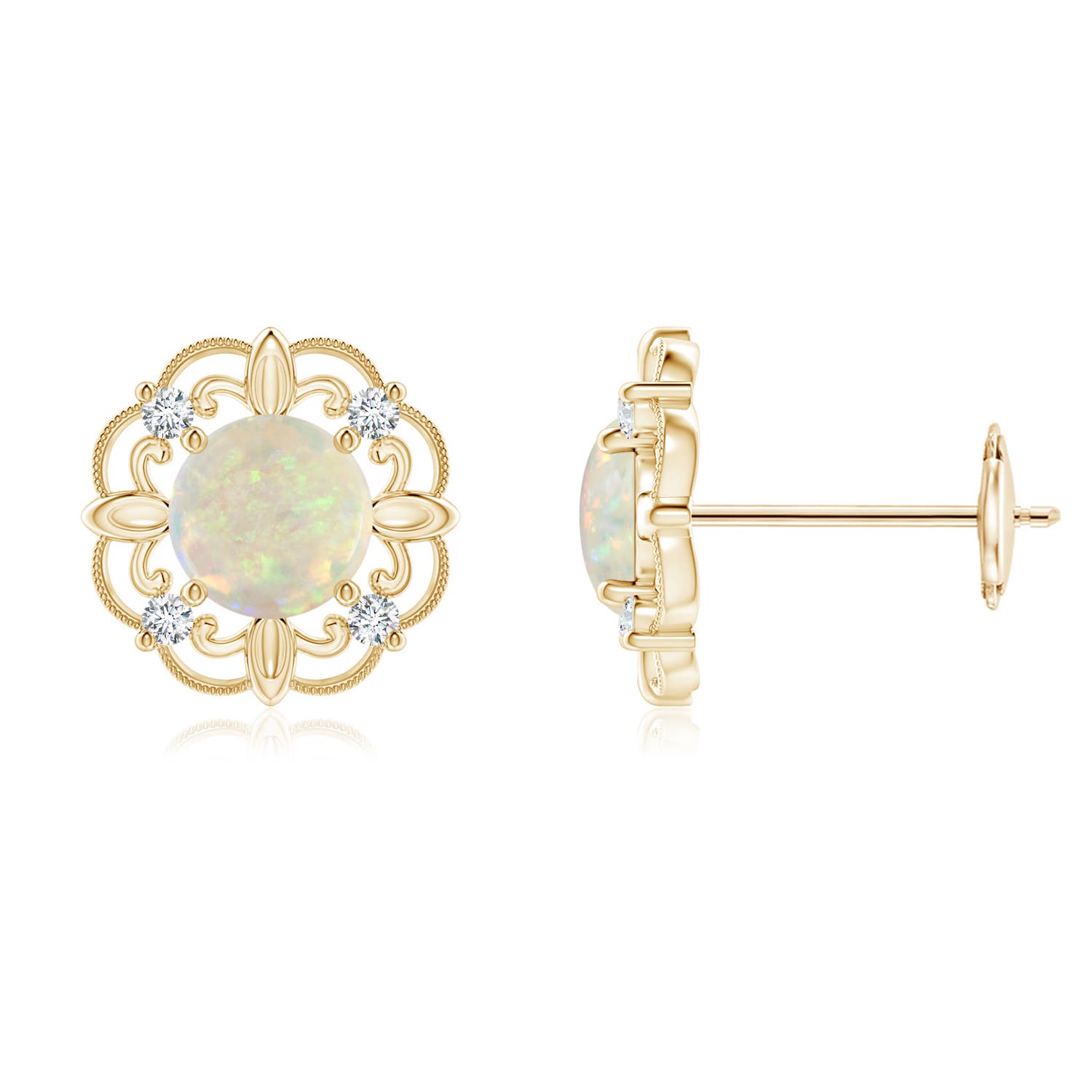 5mm AAA Vintage Style Opal and Diamond Fleur De Lis Earrings in 18K Yellow Gold