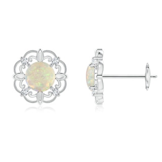 5mm AAA Vintage Style Opal and Diamond Fleur De Lis Earrings in White Gold