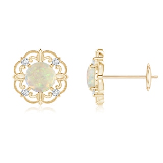 5mm AAA Vintage Style Opal and Diamond Fleur De Lis Earrings in Yellow Gold