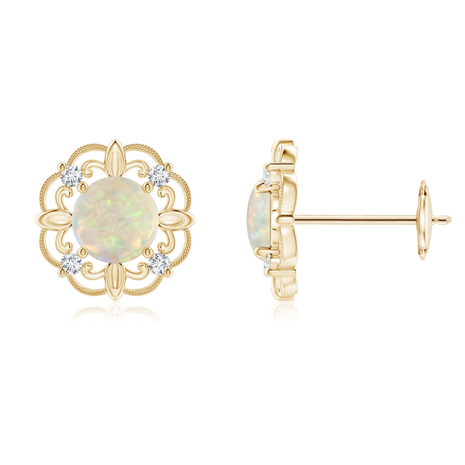 5mm AAA Vintage Style Opal and Diamond Fleur De Lis Earrings in Yellow Gold 