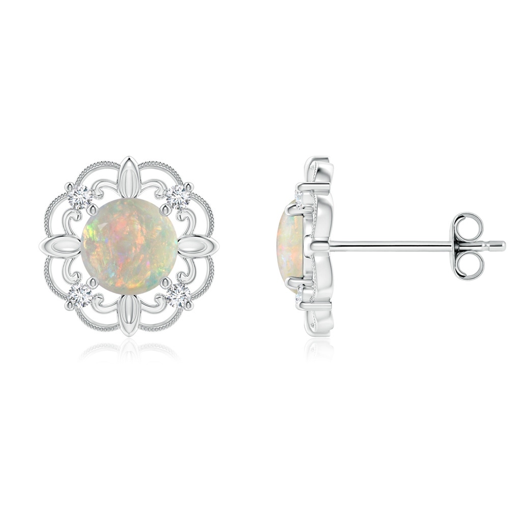 5mm AAAA Vintage Style Opal and Diamond Fleur De Lis Earrings in S999 Silver