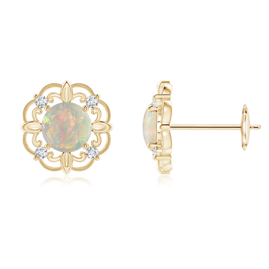5mm AAAA Vintage Style Opal and Diamond Fleur De Lis Earrings in Yellow Gold 